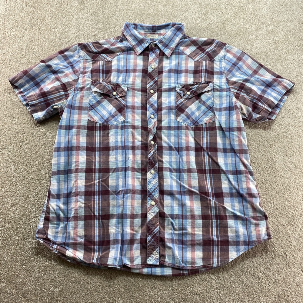 Fossil Western Pearl Snap‎ Shirt Mens XL Blue Burgundy Plaid Vintage Fit Cotton